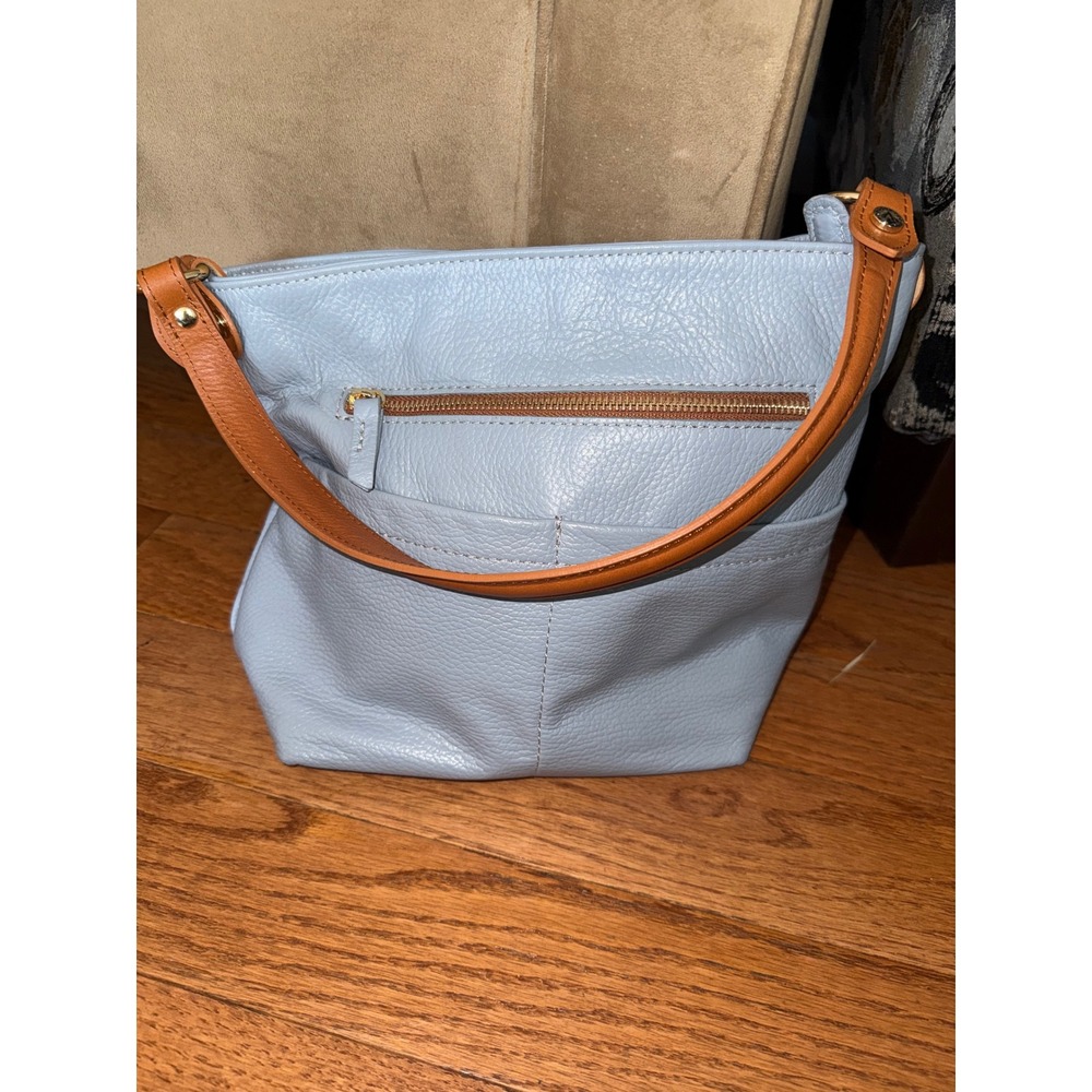 Valentina Made in Italy Light Blue Pebbled Leather Hobo Shoulder Bag Tan Trim